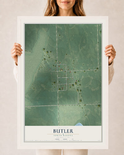 Map of Butler, South Dakota, 24 x 36 inch print in a white wood frame