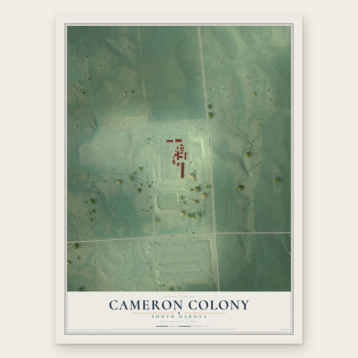 Cameron Colony, South Dakota map print, the full design