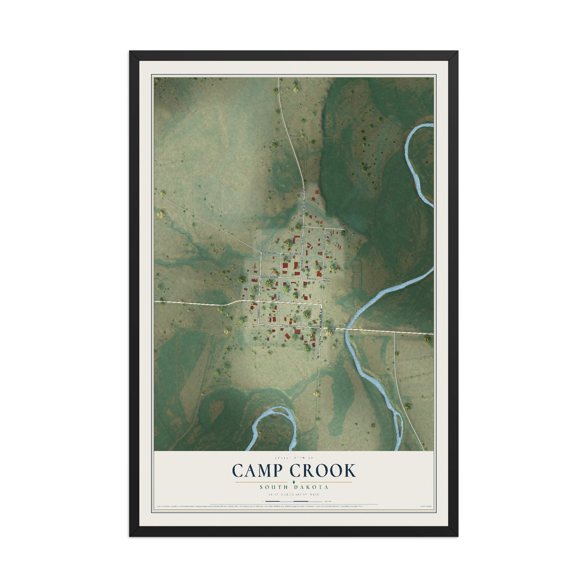 Map of Camp Crook, South Dakota, 12 x 18 inch print in a black wood frame