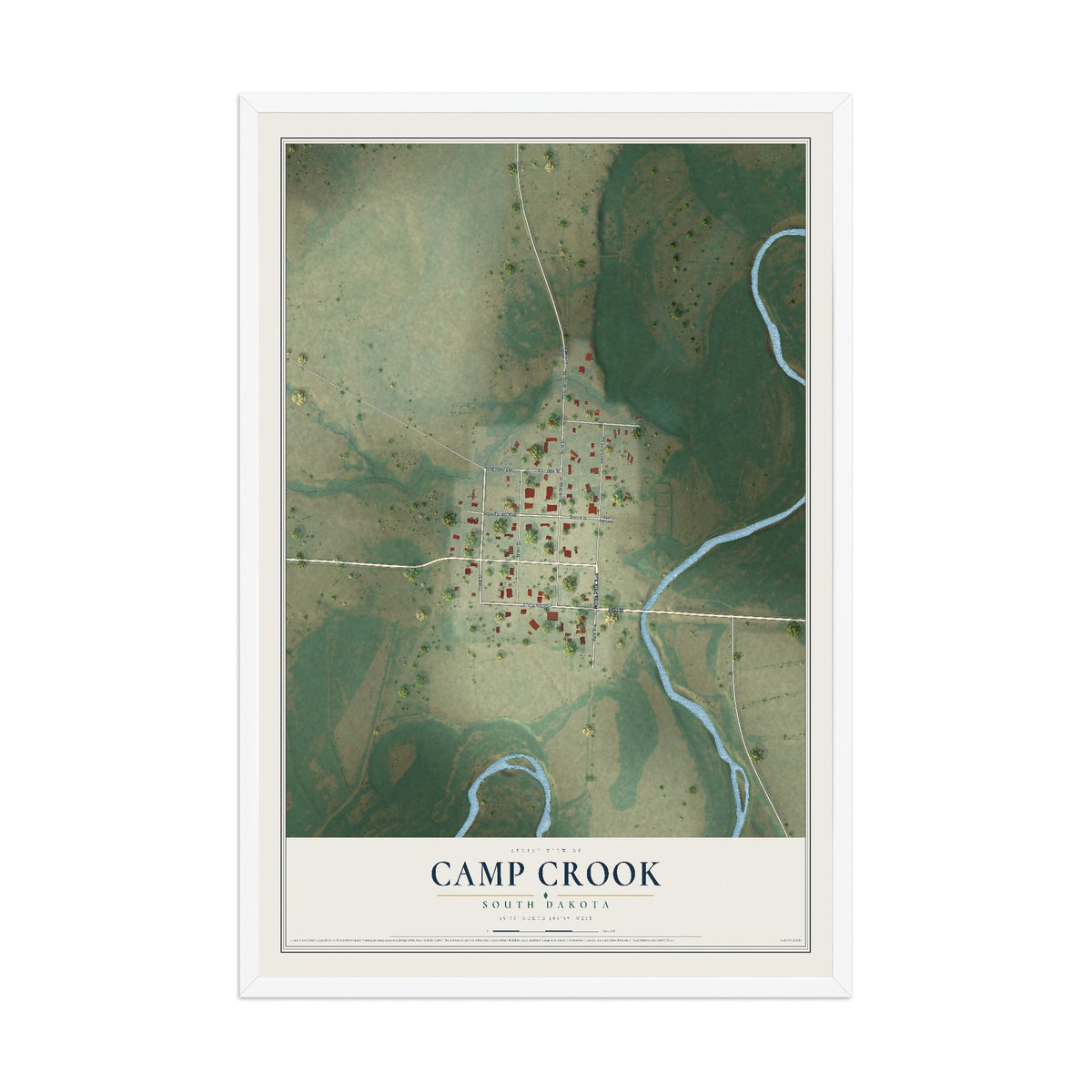 Map of Camp Crook, South Dakota, 12 x 18 inch print in a white wood frame