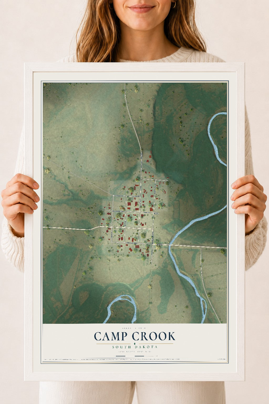 Map of Camp Crook, South Dakota, 18 x 24 inch print in a white wood frame