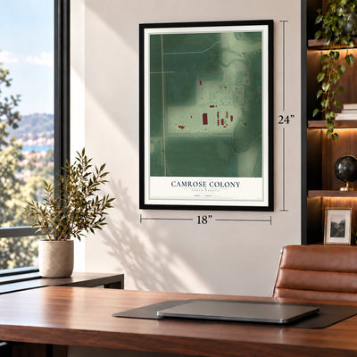 Camrose Colony, South Dakota map, 18 x 24 inch print in a black frame in a home office