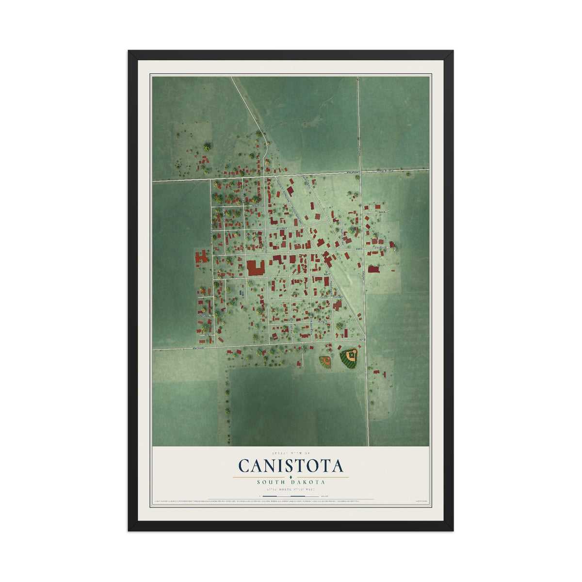 Map of Canistota, South Dakota, 12 x 18 inch print in a black wood frame