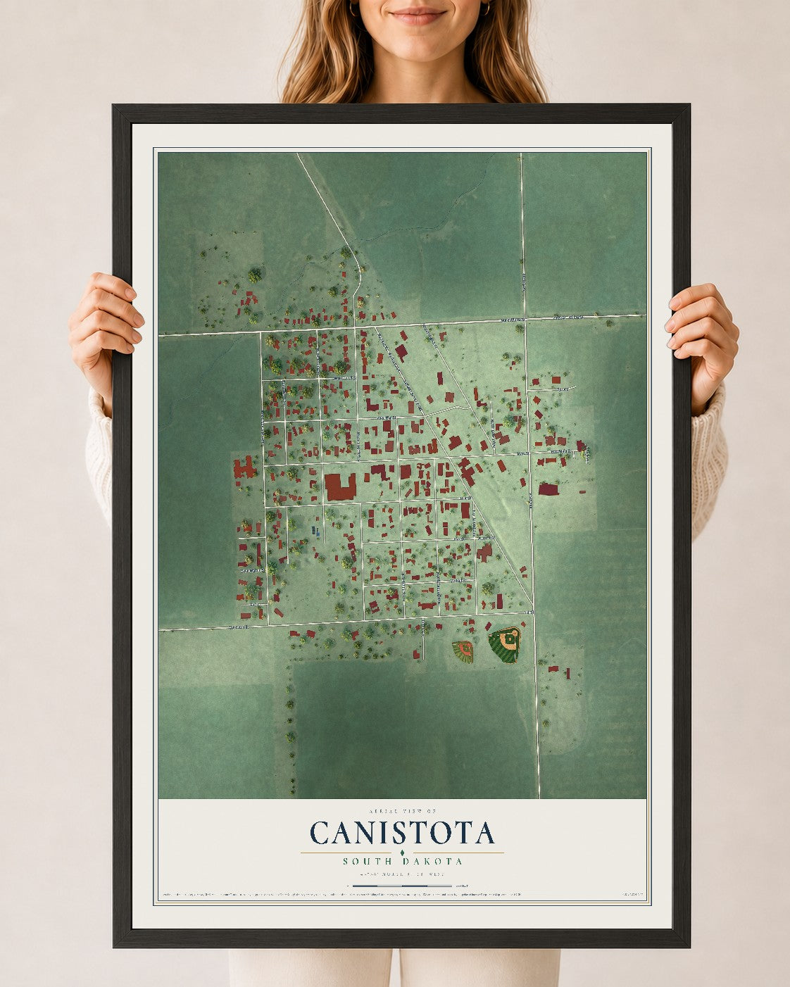 Map of Canistota, South Dakota, 24 x 36 inch print in a black wood frame