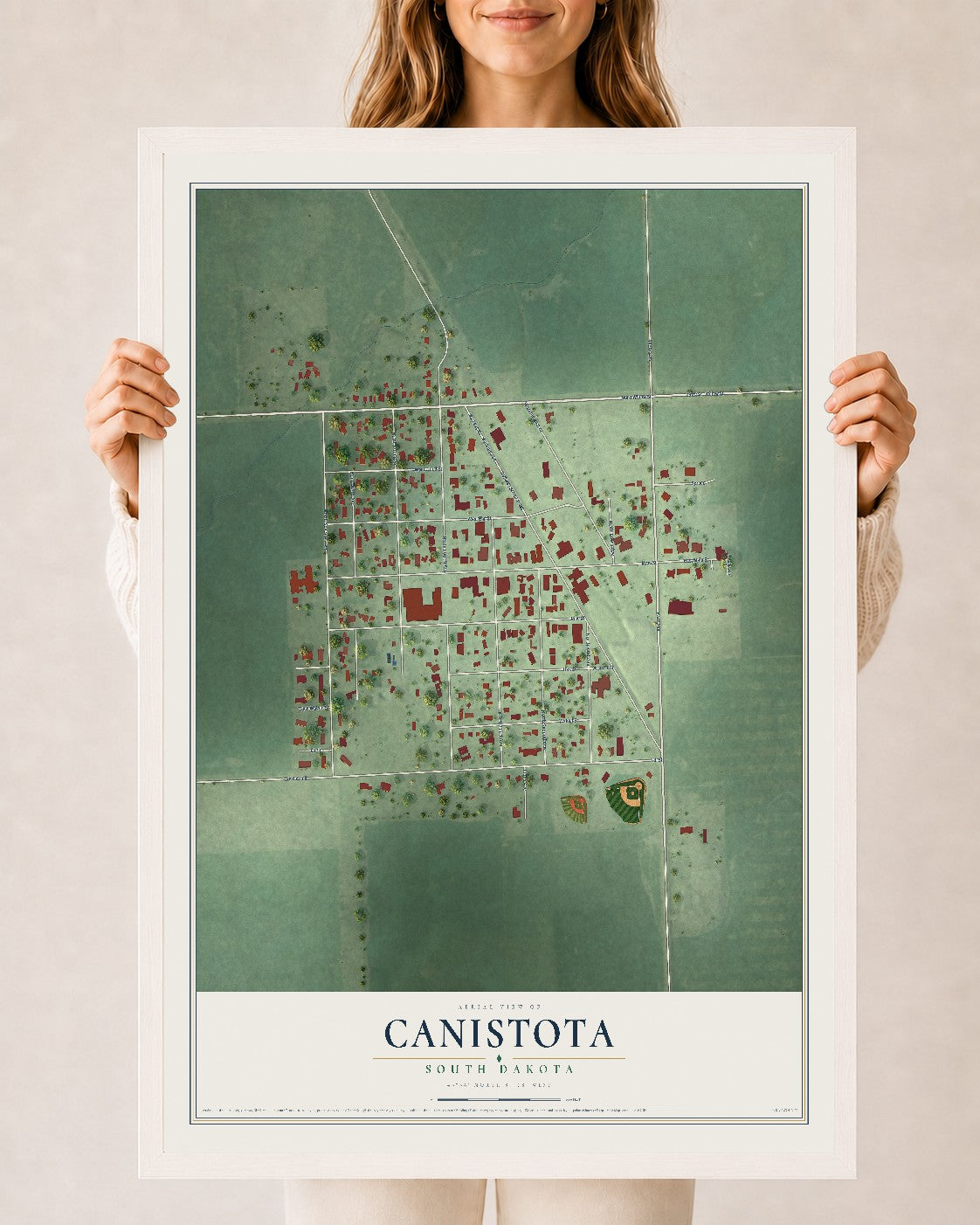 Map of Canistota, South Dakota, 24 x 36 inch print in a white wood frame