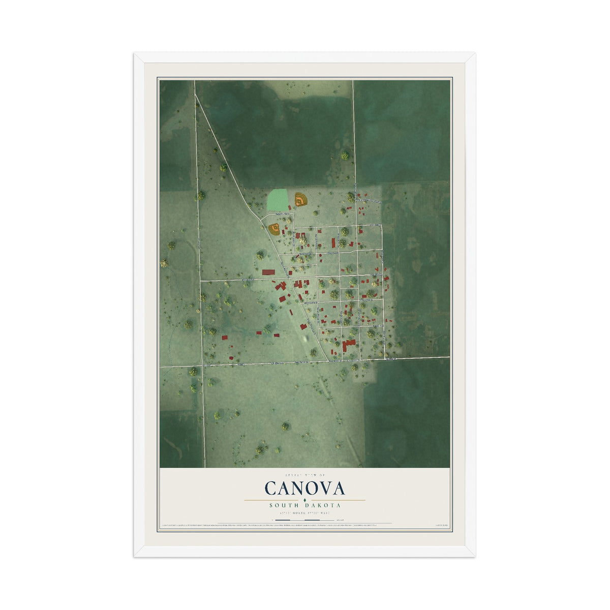Map of Canova, South Dakota, 12 x 18 inch print in a white wood frame