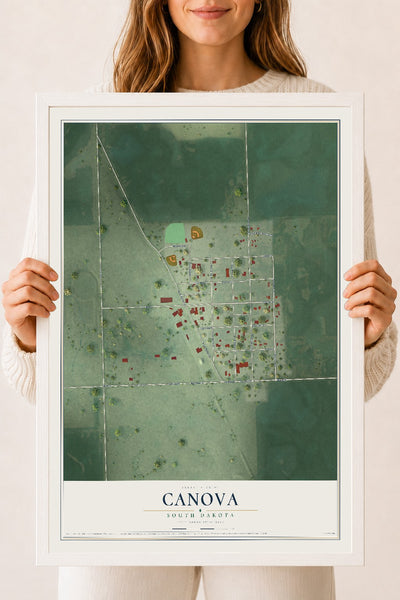 Map of Canova, South Dakota, 18 x 24 inch print in a white wood frame