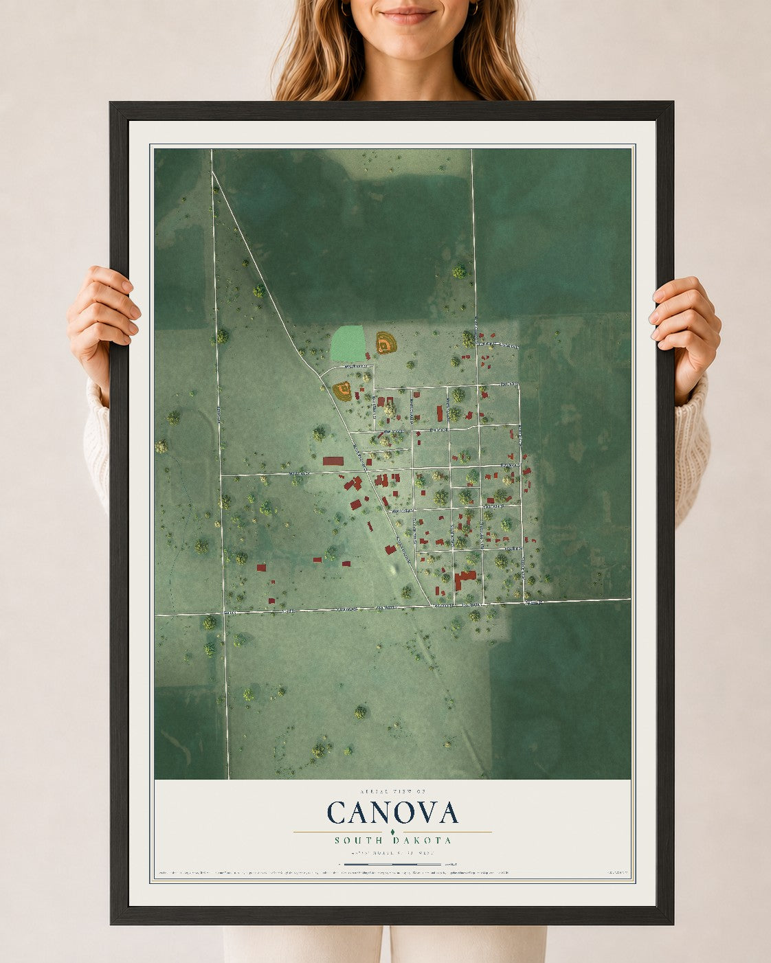 Map of Canova, South Dakota, 24 x 36 inch print in a black wood frame