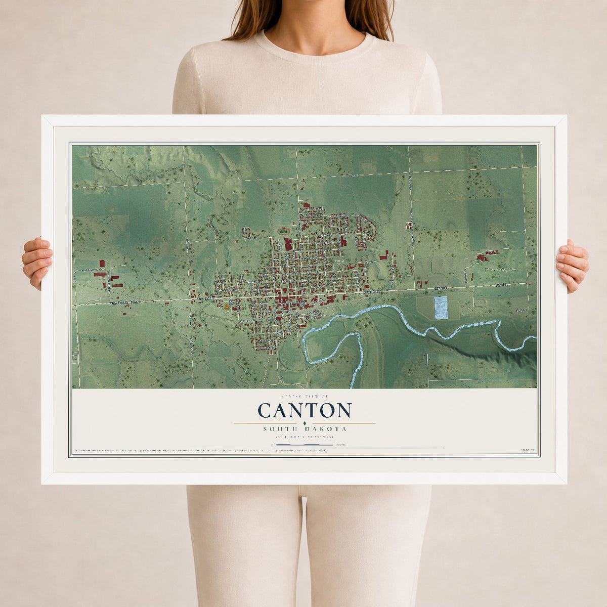 Map of Canton, South Dakota, 24 x 36 inch print in a white wood frame