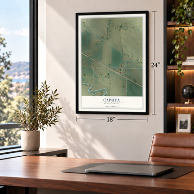 Caputa, South Dakota map, 18 x 24 inch print in a black frame in a home office