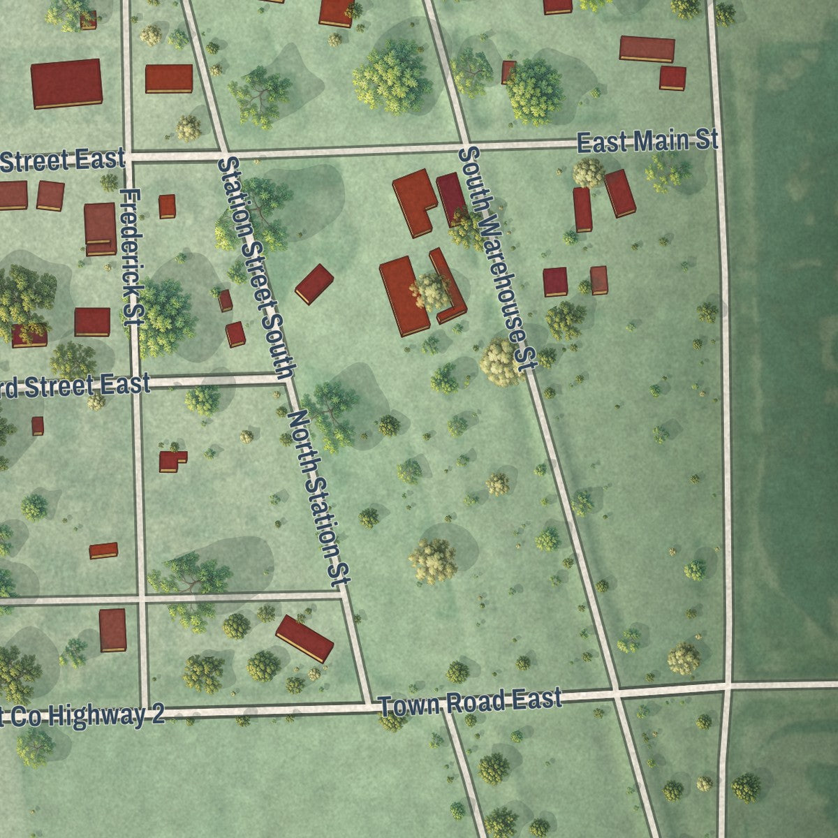 Second close-up of the map of Carthage, South Dakota print showing more streets and buildings