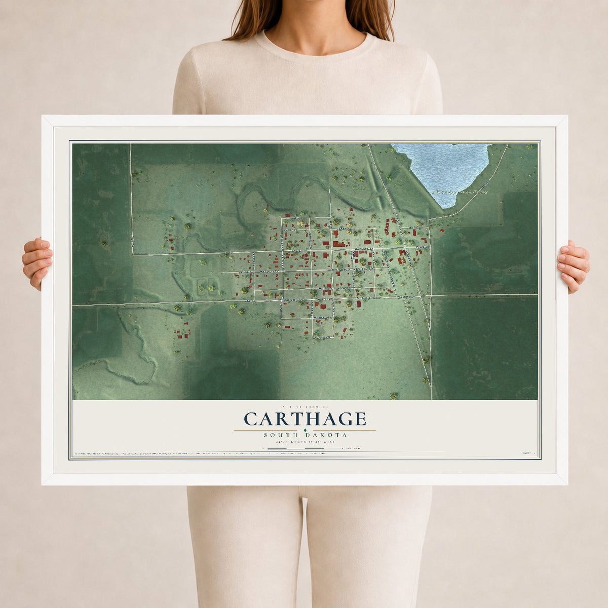 Map of Carthage, South Dakota, 24 x 36 inch print in a white wood frame