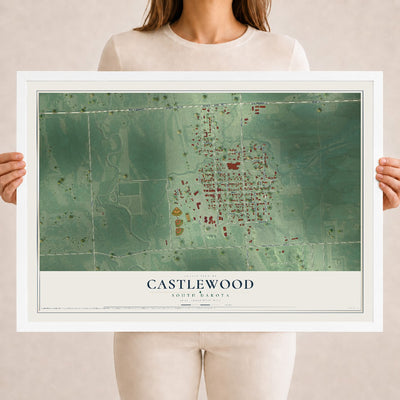 Map of Castlewood, South Dakota, 18 x 24 inch print in a white wood frame