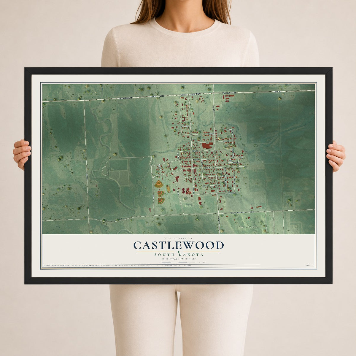 Map of Castlewood, South Dakota, 24 x 36 inch print in a black wood frame