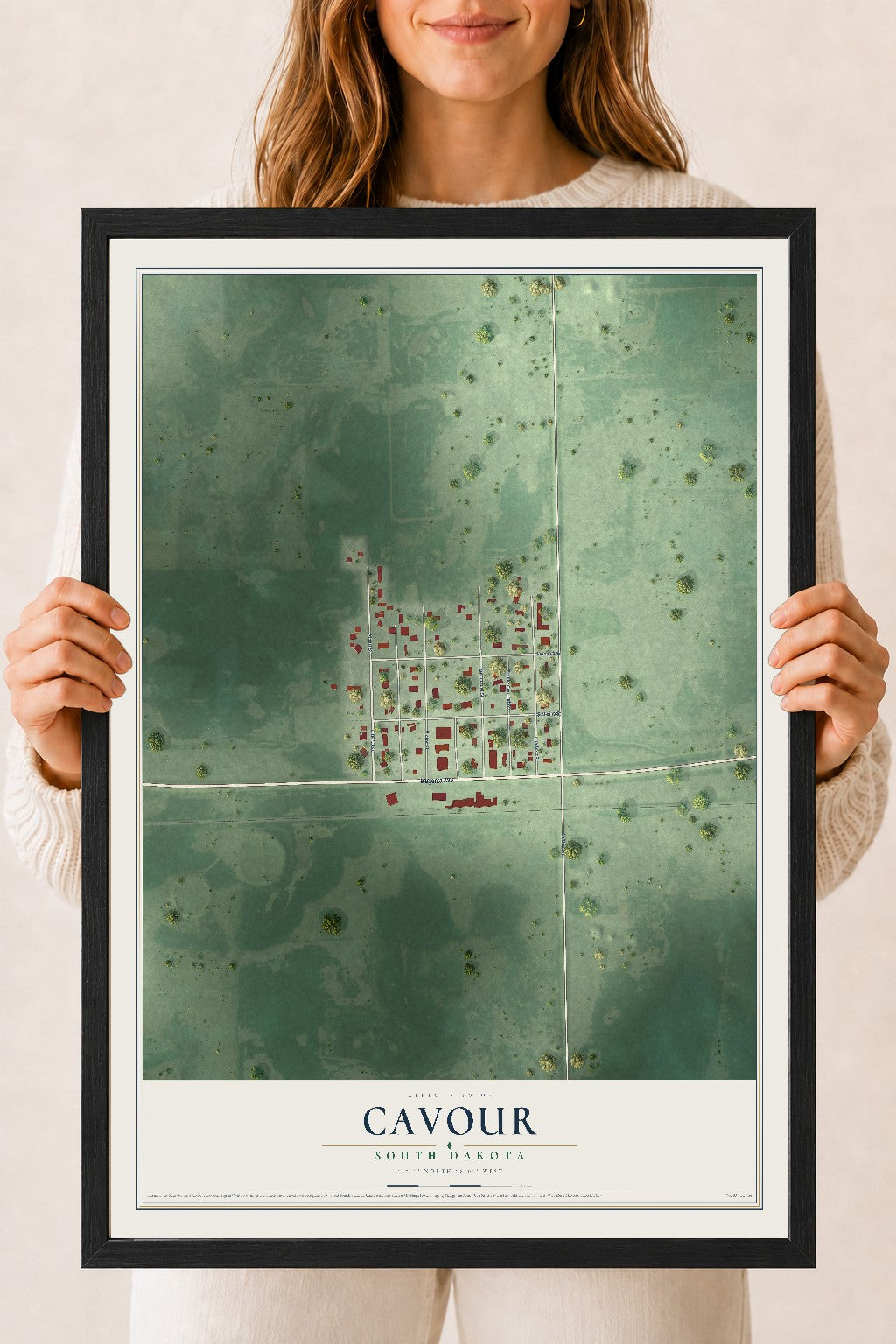 Map of Cavour, South Dakota, 18 x 24 inch print in a black wood frame