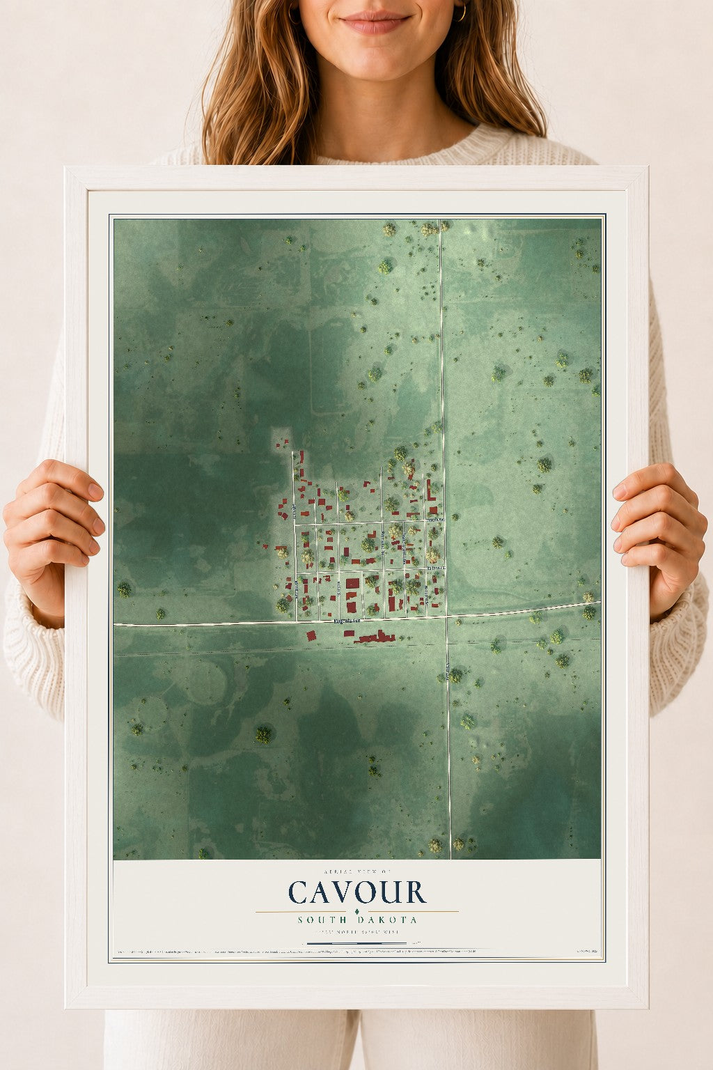 Map of Cavour, South Dakota, 18 x 24 inch print in a white wood frame