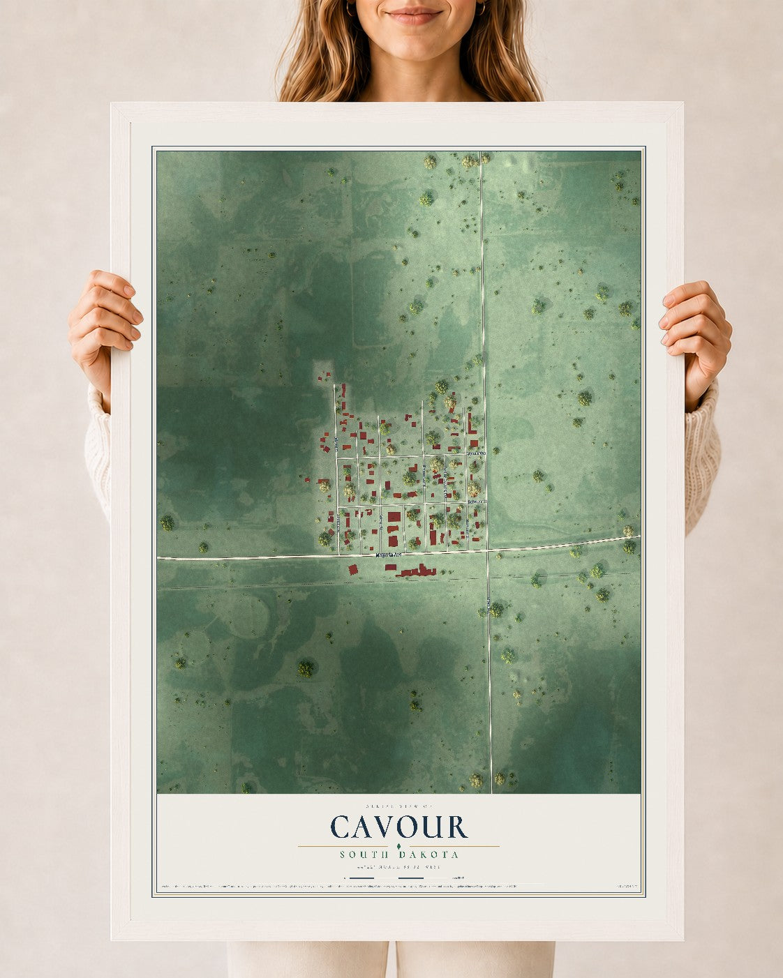 Map of Cavour, South Dakota, 24 x 36 inch print in a white wood frame