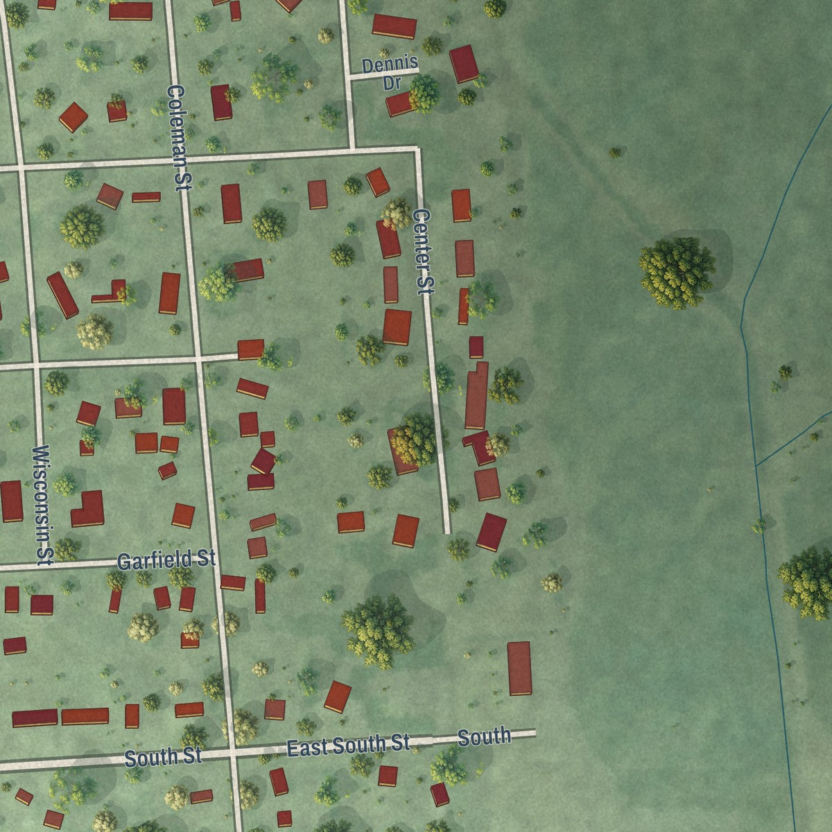 Second close-up of the map of Centerville, South Dakota print showing more streets and buildings