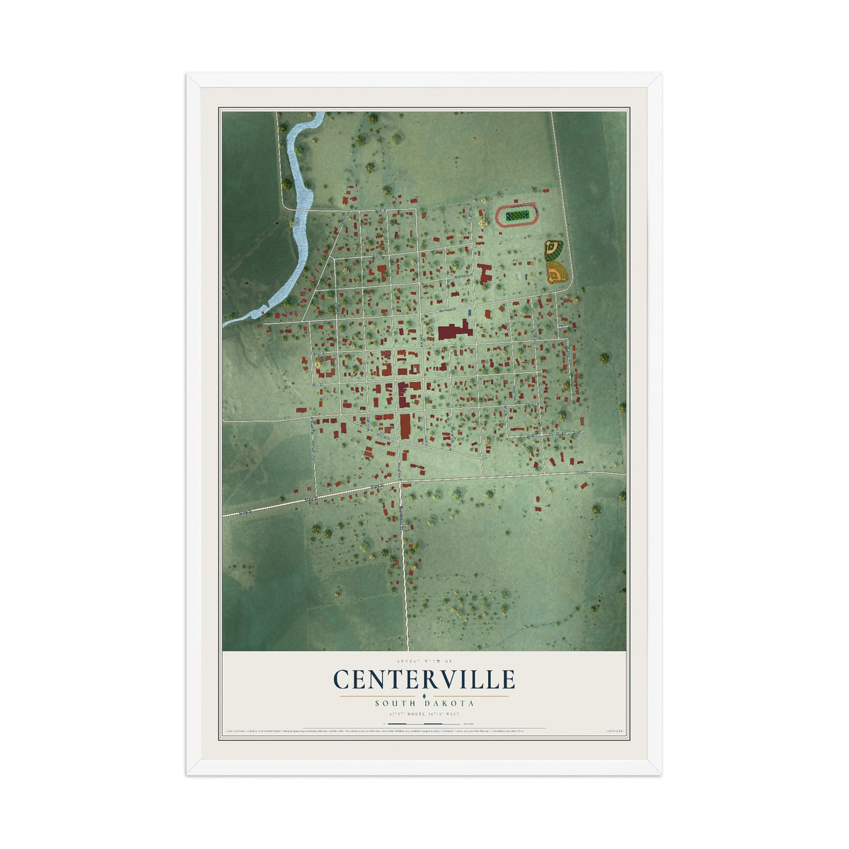 Map of Centerville, South Dakota, 12 x 18 inch print in a white wood frame