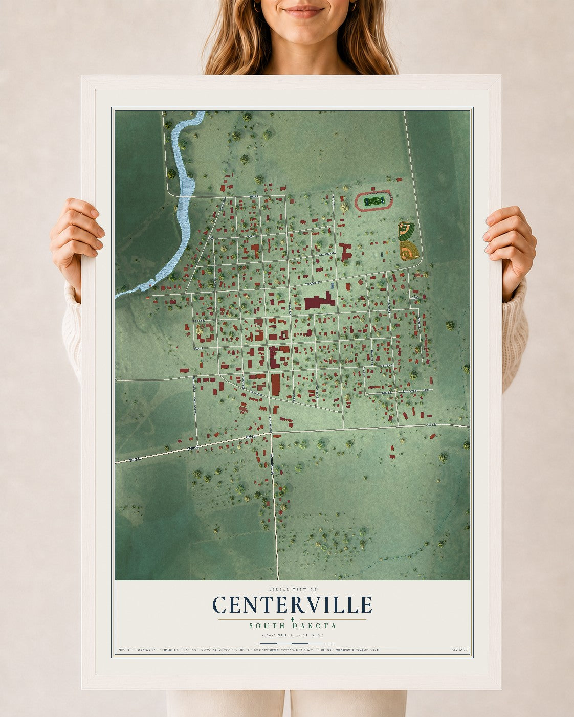 Map of Centerville, South Dakota, 24 x 36 inch print in a white wood frame