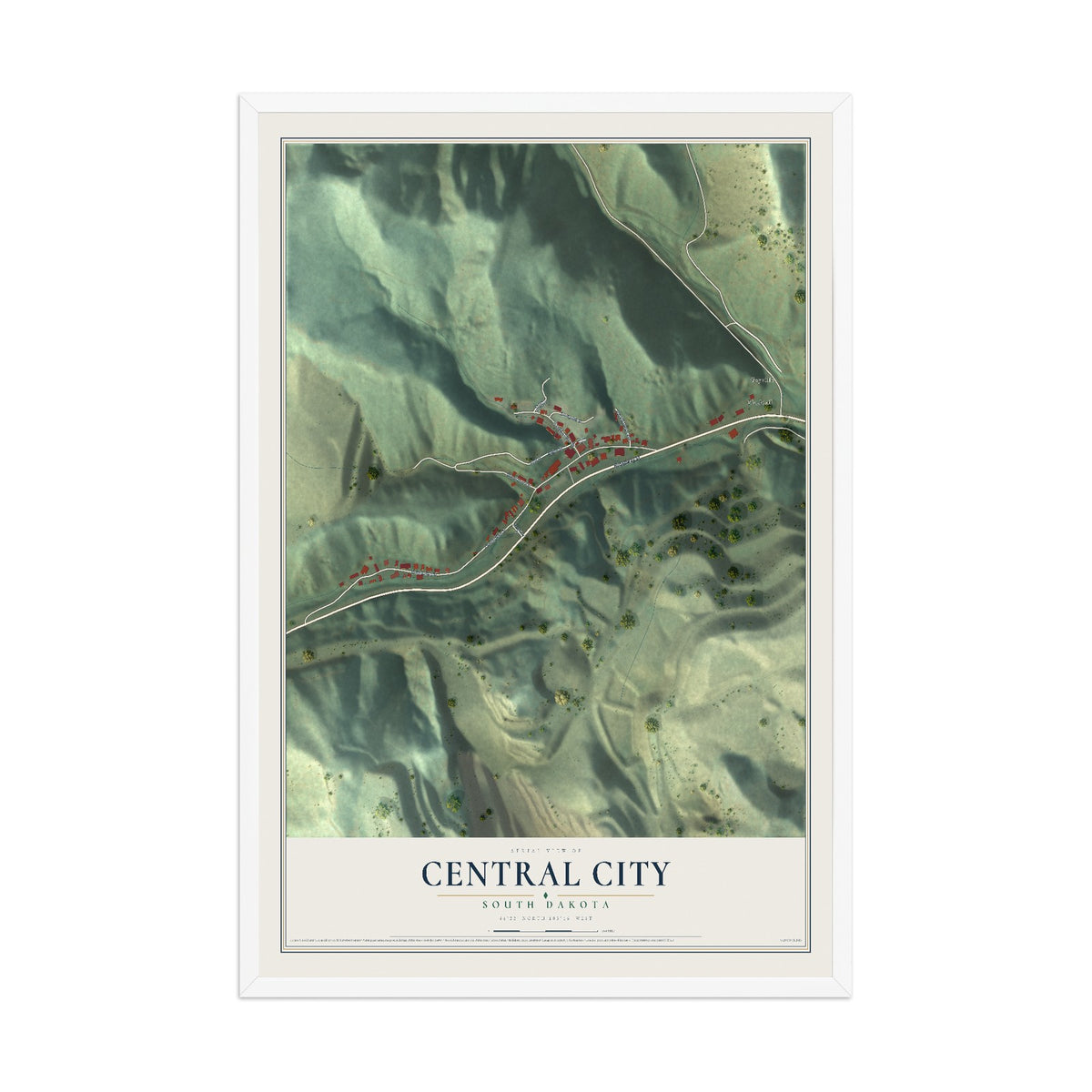 Map of Central City, South Dakota, 12 x 18 inch print in a white wood frame