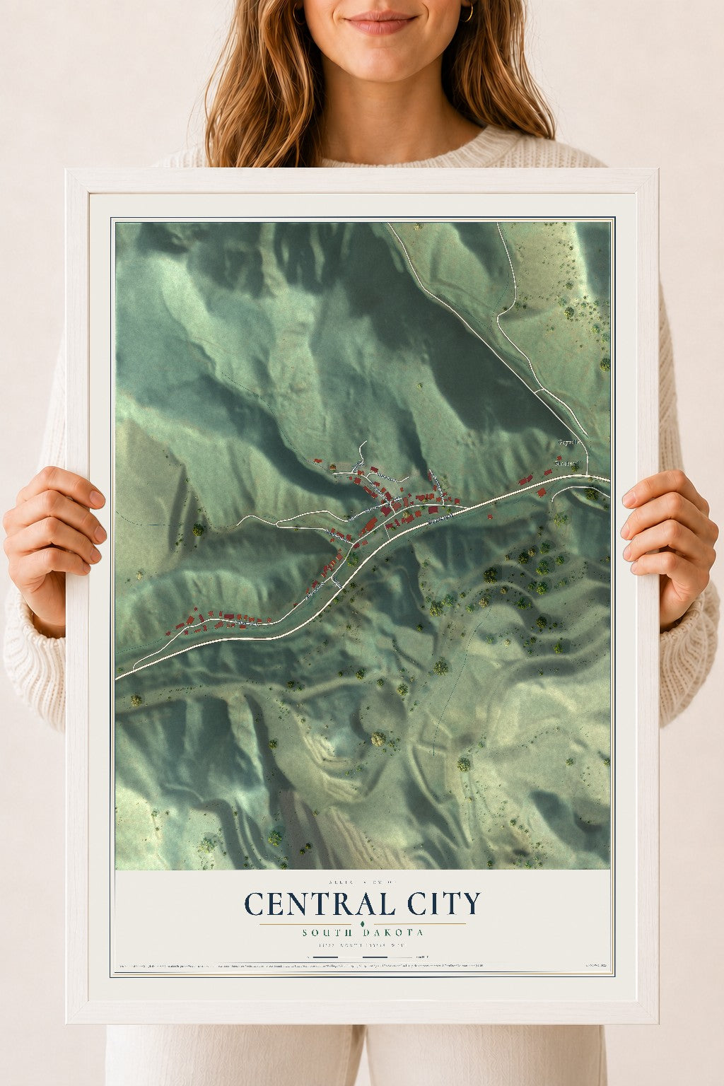 Map of Central City, South Dakota, 18 x 24 inch print in a white wood frame