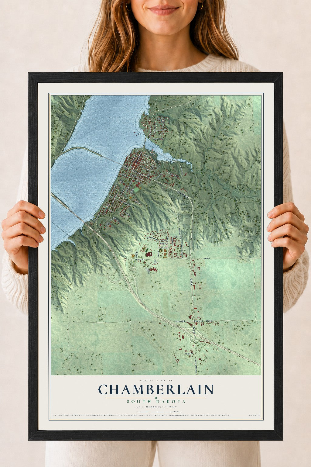 Map of Chamberlain, South Dakota, 18 x 24 inch print in a black wood frame