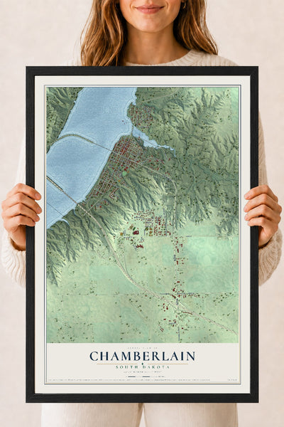 Map of Chamberlain, South Dakota, 18 x 24 inch print in a black wood frame