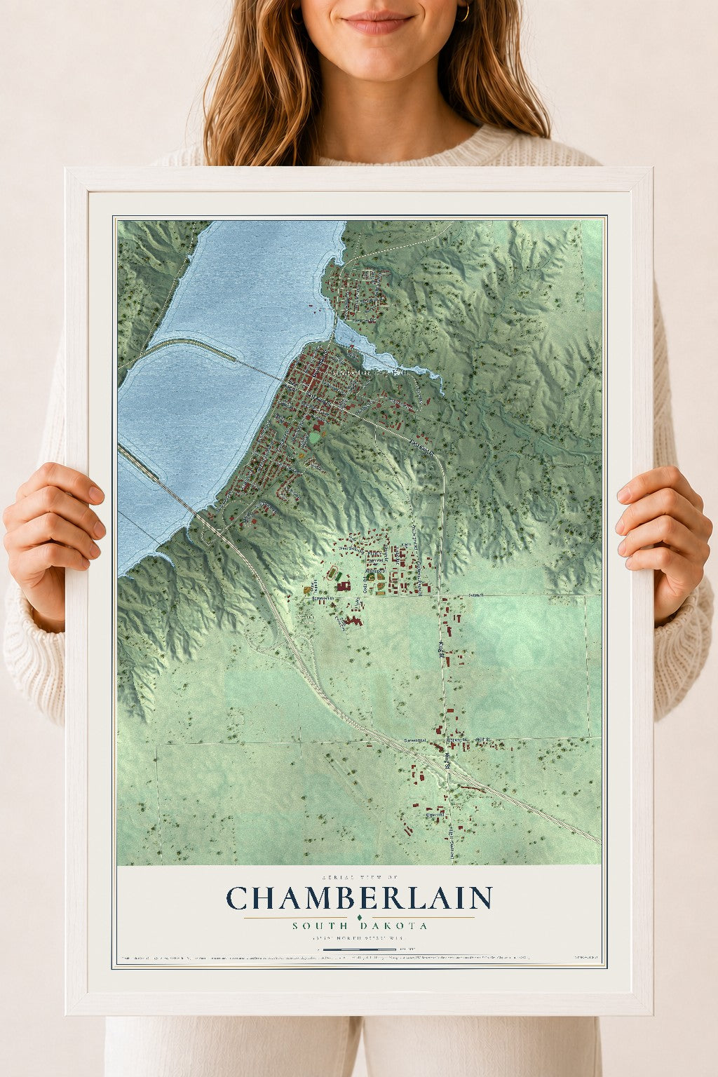 Map of Chamberlain, South Dakota, 18 x 24 inch print in a white wood frame