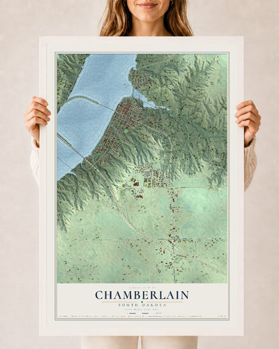 Map of Chamberlain, South Dakota, 24 x 36 inch print in a white wood frame