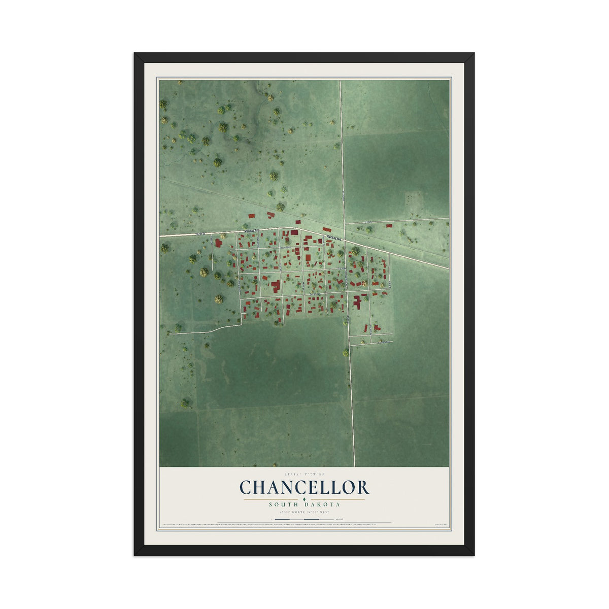 Map of Chancellor, South Dakota, 12 x 18 inch print in a black wood frame
