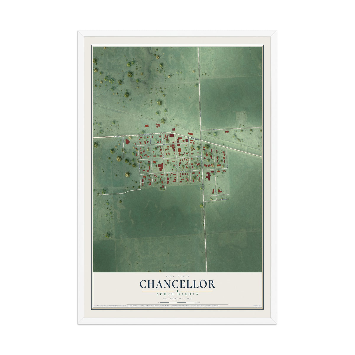 Map of Chancellor, South Dakota, 12 x 18 inch print in a white wood frame