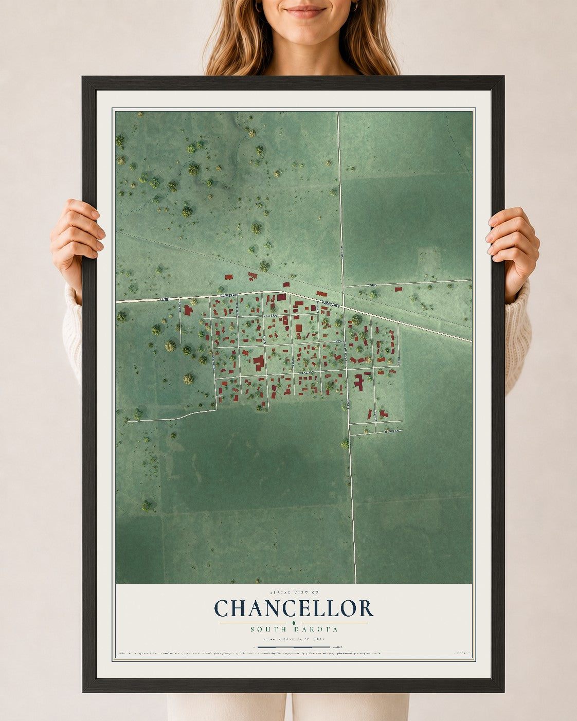Map of Chancellor, South Dakota, 24 x 36 inch print in a black wood frame