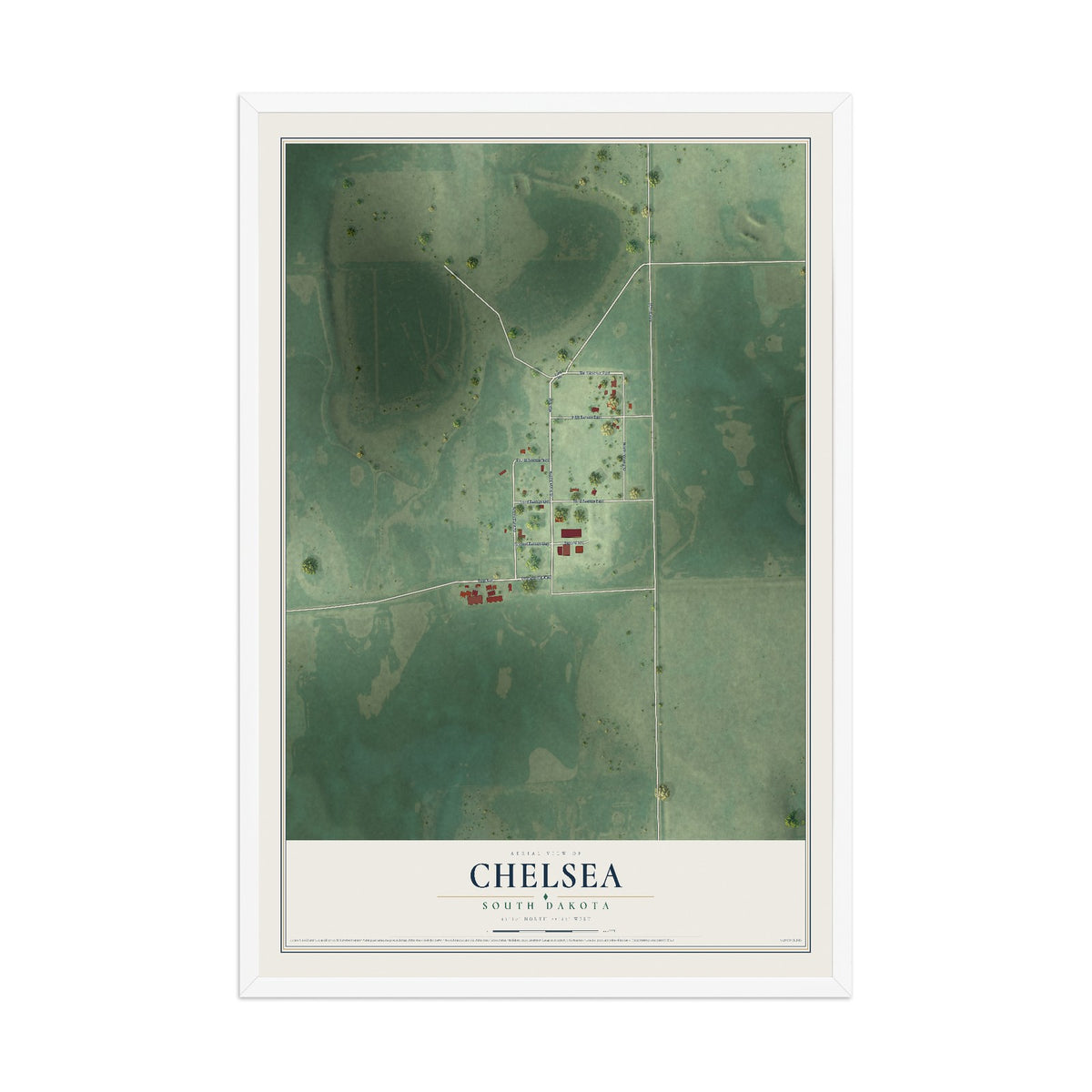 Map of Chelsea, South Dakota, 12 x 18 inch print in a white wood frame