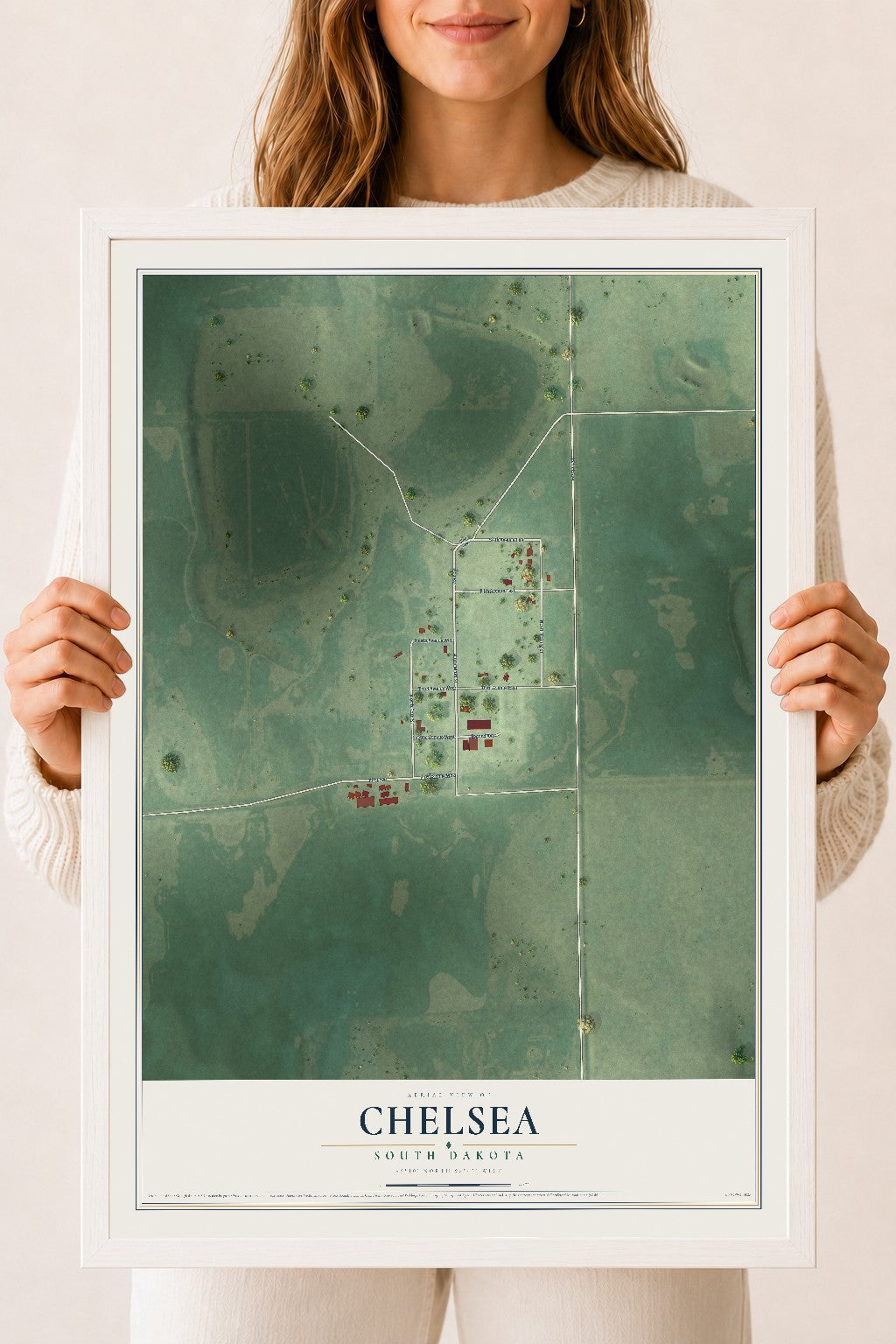 Map of Chelsea, South Dakota, 18 x 24 inch print in a white wood frame