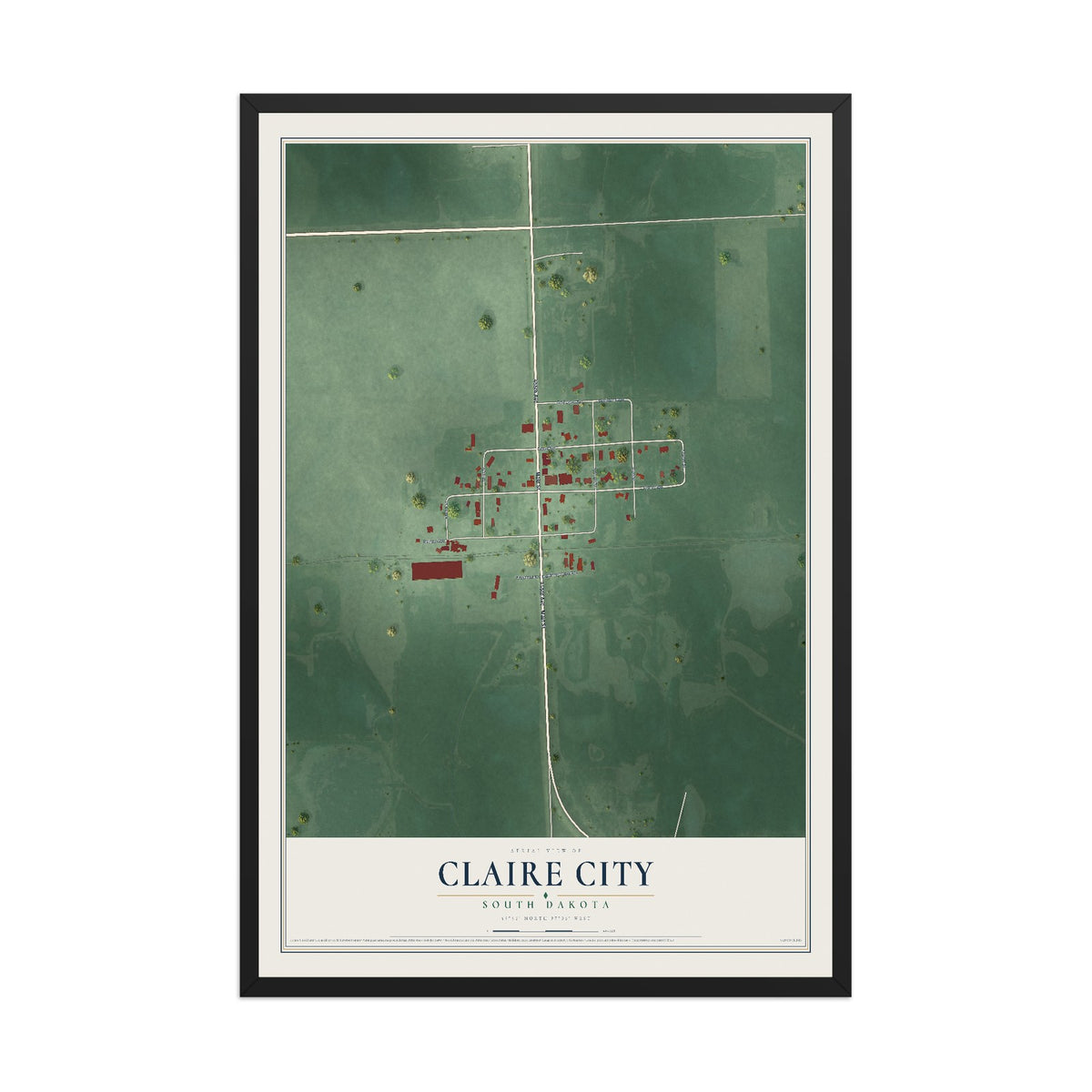 Map of Claire City, South Dakota, 12 x 18 inch print in a black wood frame