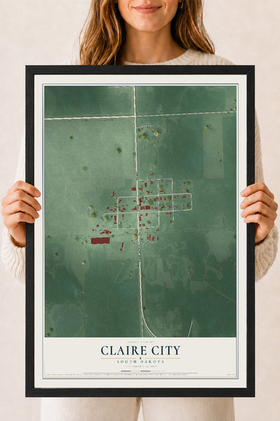 Map of Claire City, South Dakota, 18 x 24 inch print in a black wood frame