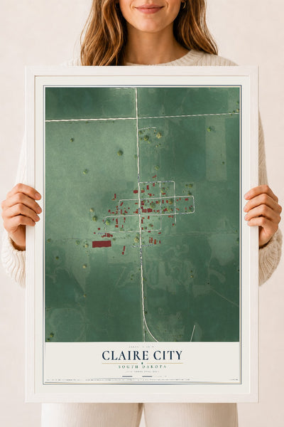 Map of Claire City, South Dakota, 18 x 24 inch print in a white wood frame