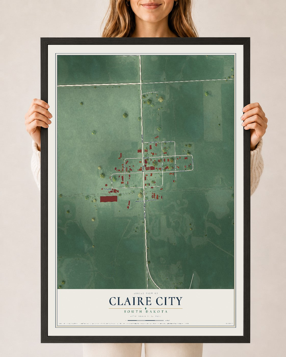Map of Claire City, South Dakota, 24 x 36 inch print in a black wood frame