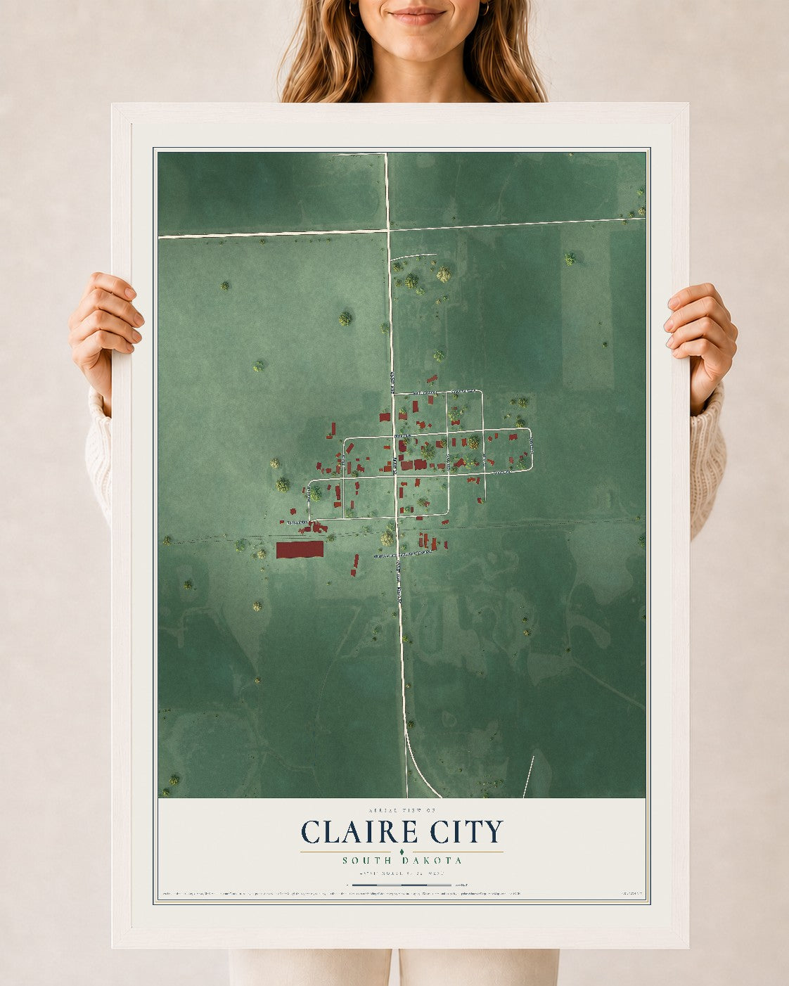Map of Claire City, South Dakota, 24 x 36 inch print in a white wood frame
