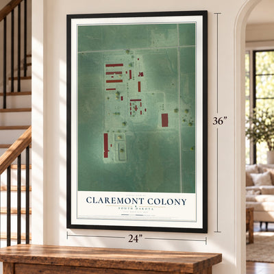Claremont Colony, South Dakota map, 24 x 36 inch print in a black frame by a staircase