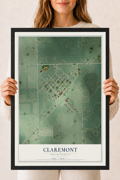 Map of Claremont, South Dakota, 18 x 24 inch print in a black wood frame