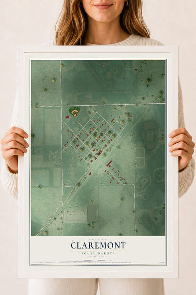 Map of Claremont, South Dakota, 18 x 24 inch print in a white wood frame