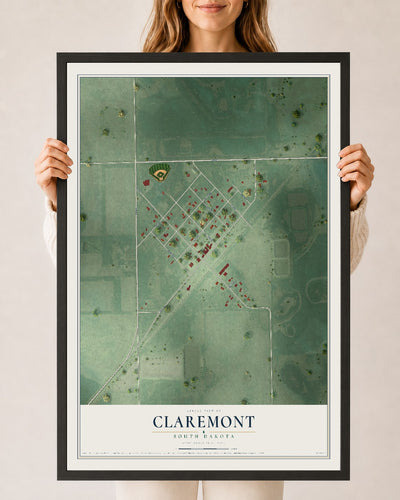 Map of Claremont, South Dakota, 24 x 36 inch print in a black wood frame