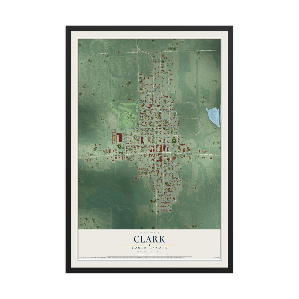 Map of Clark, South Dakota, 12 x 18 inch print in a black wood frame
