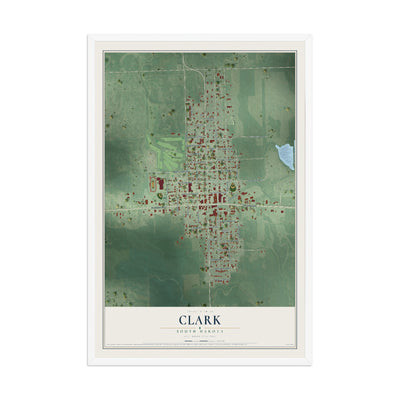 Map of Clark, South Dakota, 12 x 18 inch print in a white wood frame