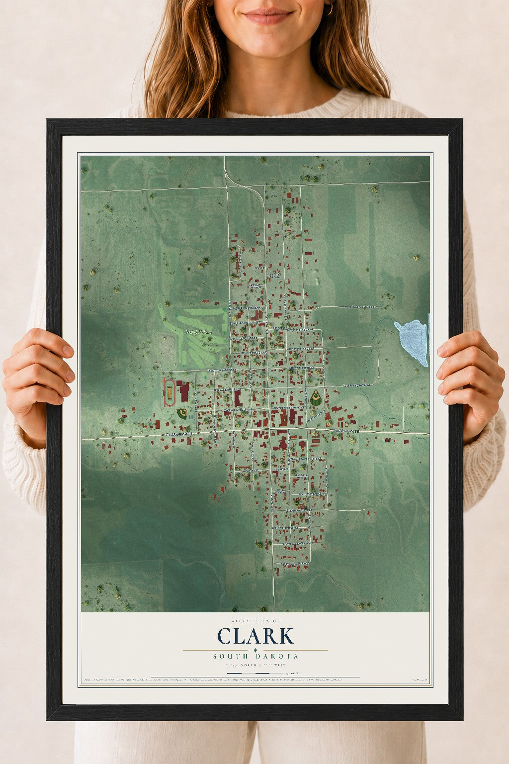 Map of Clark, South Dakota, 18 x 24 inch print in a black wood frame