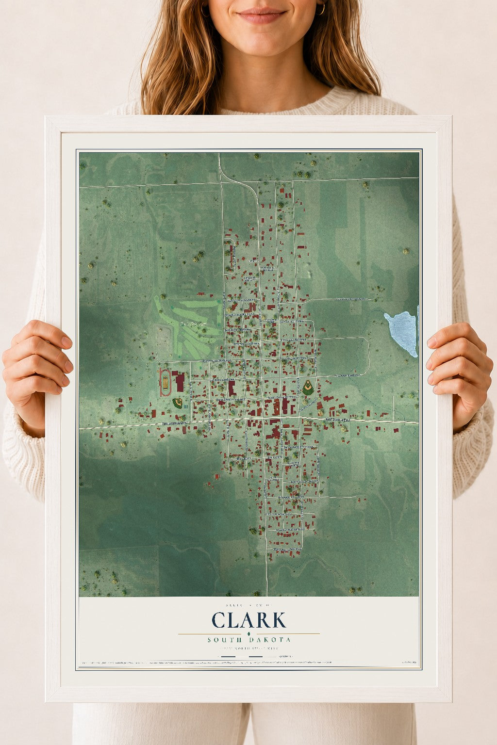 Map of Clark, South Dakota, 18 x 24 inch print in a white wood frame