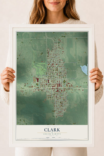 Map of Clark, South Dakota, 18 x 24 inch print in a white wood frame