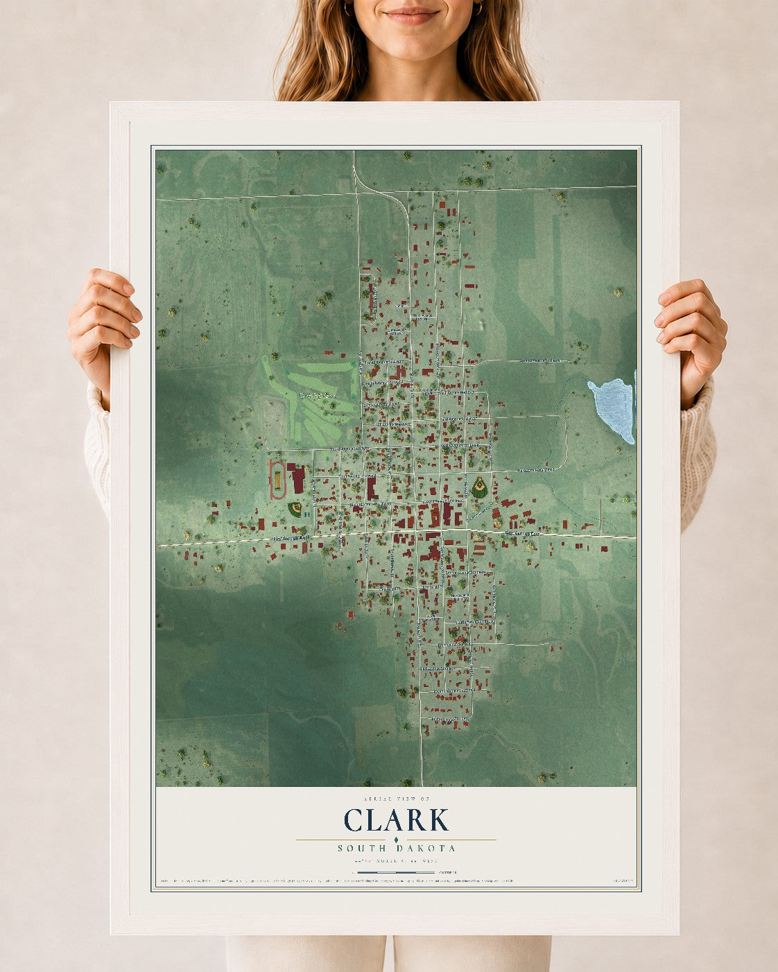 Map of Clark, South Dakota, 24 x 36 inch print in a white wood frame
